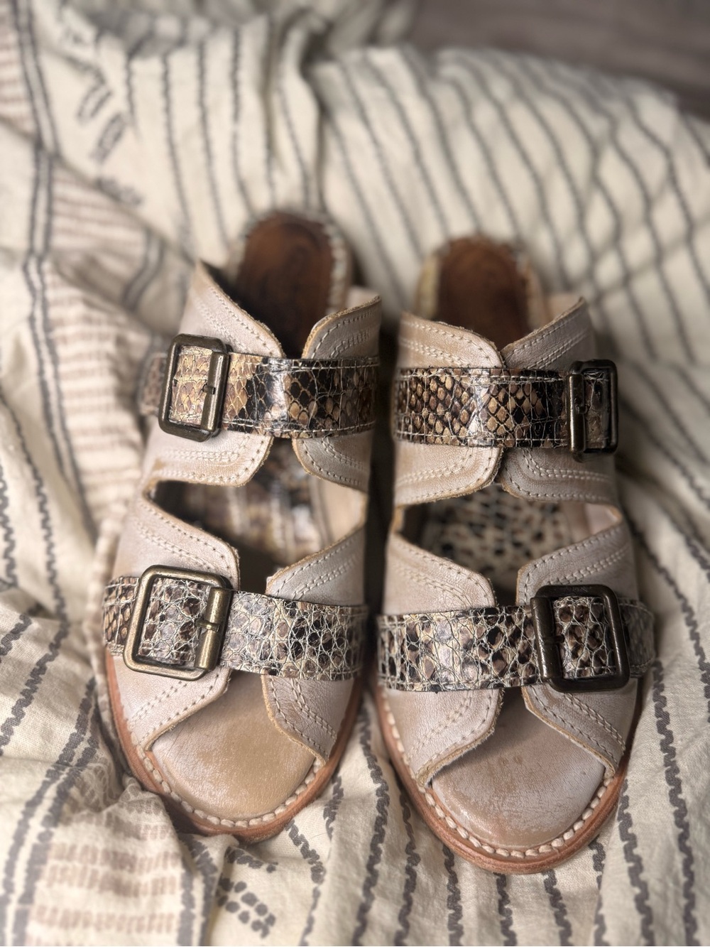 Freebird by Steven Beige Tan Snake-Print Buckle Mules
